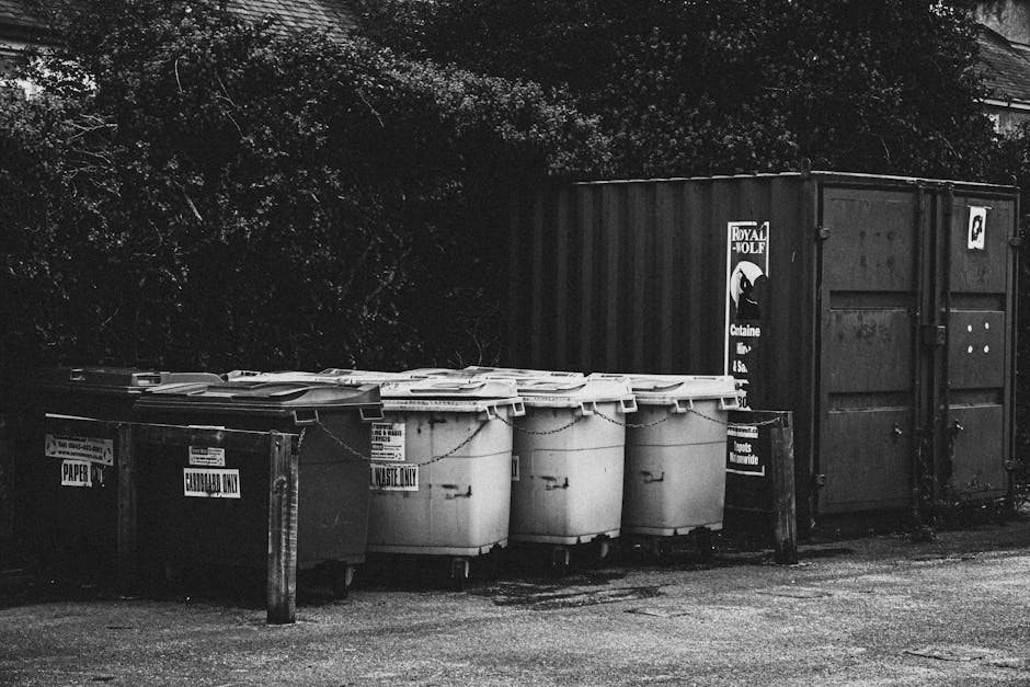 A row of five large, white, plastic waste bins with closed lids are positioned on the pavement outside a property, marked with labels indicating their purpose such as 'WASTE ONLY' and 'FURTHER WASTE.' These bins are situated in front of a black, metal shipping container that has a small sticker and lacks windows. The bins are aligned neatly next to a sturdy wooden post, and behind them is a lush, leafy hedge providing a natural background. To the right, partially blocking the container, is a black metal waste collection bin with a sign for bulky waste collection services, including contact details. The scene appears to be set during daylight hours, with natural light illuminating the area, which suggests a typical outdoor waste disposal area. This image relates to house removals or packing and moving services provided by Man with Van Southborough, illustrating the process of clearing waste or recyclable items during a home relocation or clearance effort, and highlights the importance of organized waste management in moving logistics.
