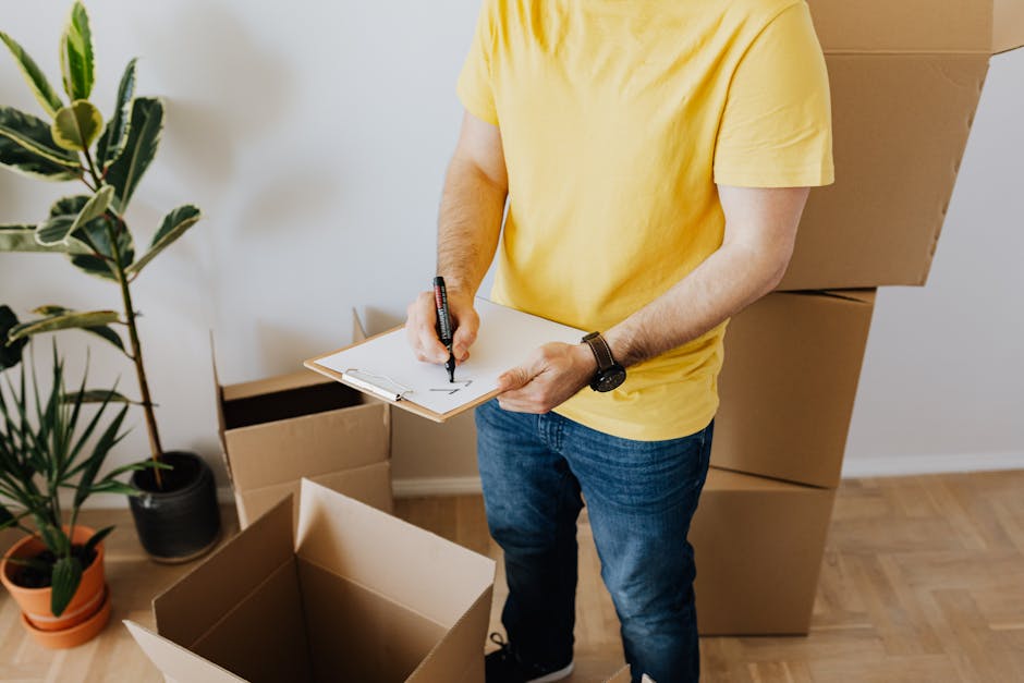 A man wearing a yellow t-shirt and jeans stands inside a residential room surrounded by several large cardboard boxes, some open and others stacked, likely prepared for packing or moving. He holds a clipboard in one hand and a black marker in the other, appearing to note details or inventory items for a house removal. The room features light-colored walls and a wooden floor, with natural light illuminating the scene. In the background, there are potted plants placed on the floor, adding a touch of greenery to the space. Visible packaging materials include cardboard boxes and possibly bubble wrap or packing paper, suitable for protecting furniture and household items during a home relocation. This setting illustrates the packing and moving process as part of a professional removal service, such as those offered by Man with Van Southborough, which assists with furniture transport and logistics for house removals.