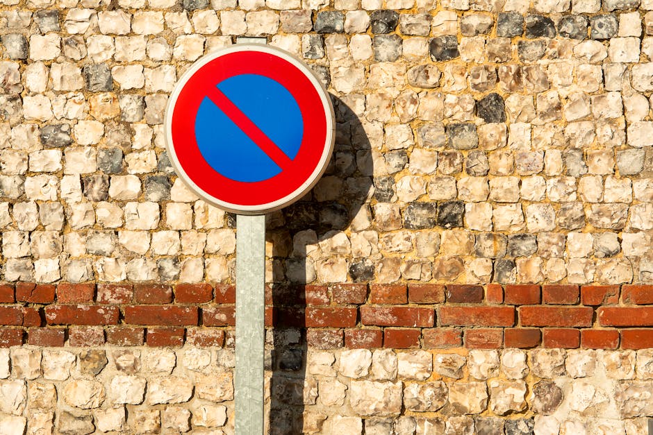 A circular no parking sign with a red border, a blue background, and a red diagonal line across the center, mounted on a metal pole against a textured brick wall with beige, cream, and dark brown stones. The sign casts a shadow on the wall due to sunlight. The setting appears to be outside a property, likely a street or driveway where parking is restricted, relevant to home relocation or furniture transport. This scene depicts an indoor or outdoor environment common during house removals in Southborough, as part of the preparations for moving or loading furniture onto a van. The brick wall provides a neutral background, emphasizing the sign's purpose for managing parking regulations during a move, consistent with services offered by Man with Van Southborough.